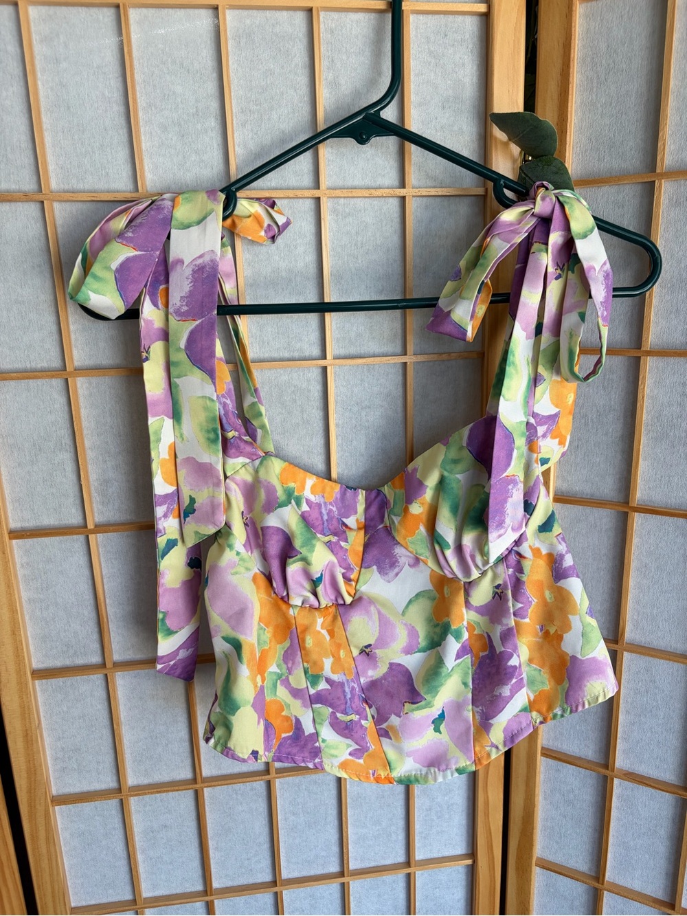 SHEIN Floral Tie-Shoulder Crop Top in Purple, Green & Orange